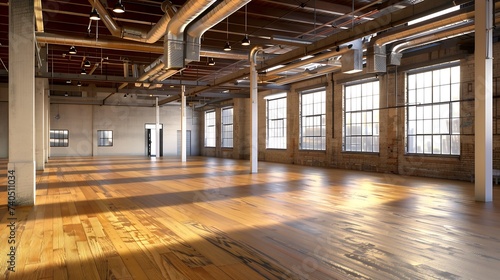 An interior shot of an old, historic empty warehouse/factory, with exposed ducts and hardwood floors. : Generative AI photo