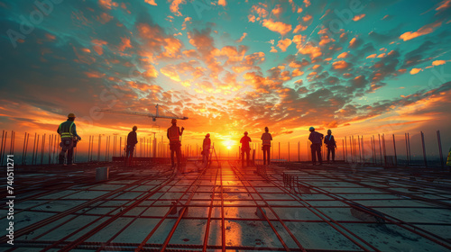 Construction workers fabricating steel reinforcement bar at the new modern construction site,generative ai