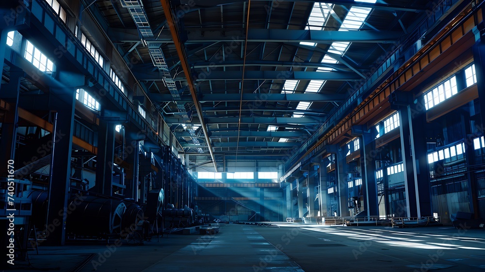 Large hangar or warehouse of Metallurgical Plant, dark industrial factory interior, heavy industry : Generative AI