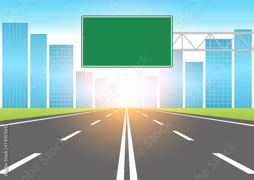 Empty Asphalt Highway Road with Traffic Sign. Vector Illustration. 