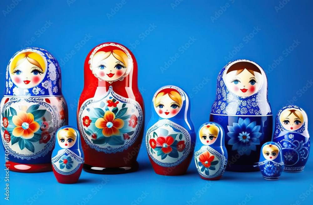 a pile of traditional russian nesting dolls in blue grey background