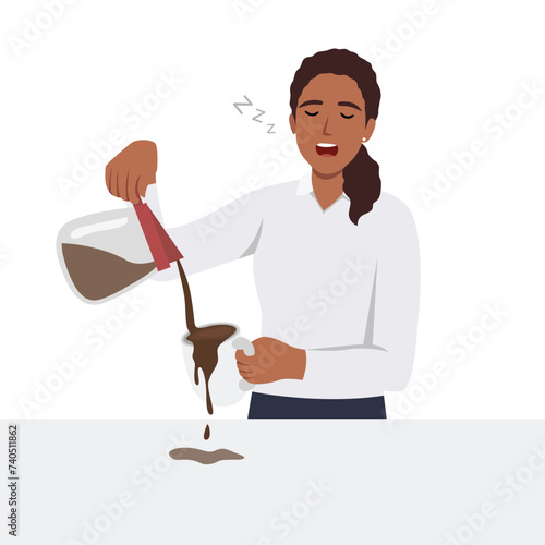 Sleepy tired young woman make coffee in morning feel fatigue after sleepless night. Drowsy girl exhausted need sleep relaxation. Early wakeup and exhaustion