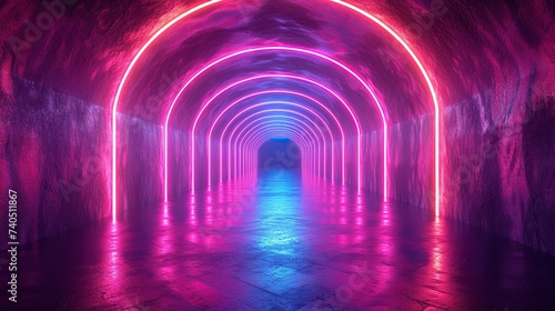 3d render  abstract panoramic red blue pink neon background with arrows showing right direction  glowing in the dark