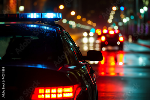 police car lights at night in city street with selective focus and bokeh photo