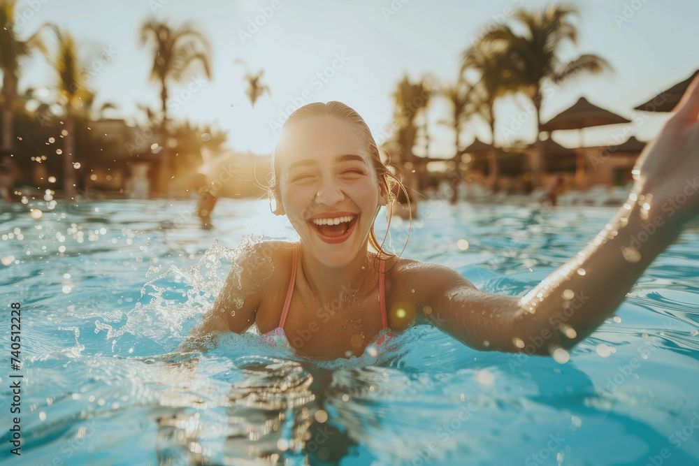 young woman wearing a swimsuit and having fun at a a pool 