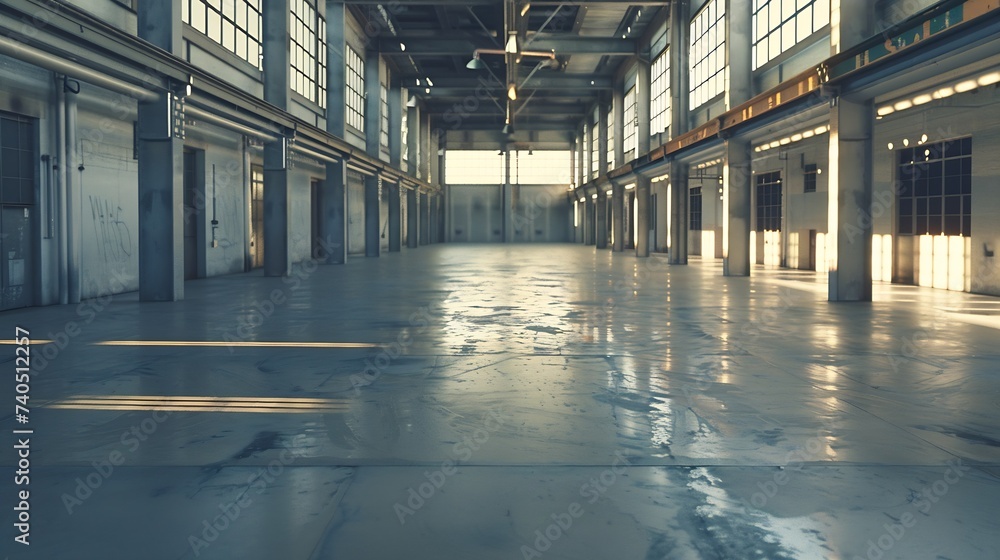 Industrial building or modern factory for manufacturing production plant or large warehouse, Polished concrete floor clean condition and space for industry product display or industry  : Generative AI