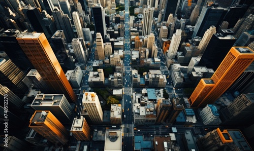 An aerial view of a business district 
