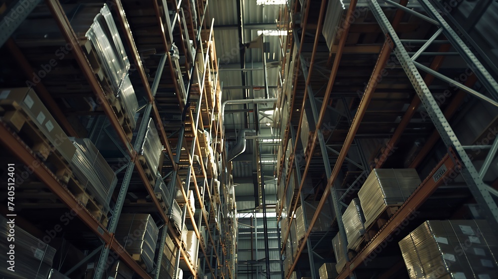 Huge distribution warehouse with high shelves and loaders. Bottom view. : Generative AI