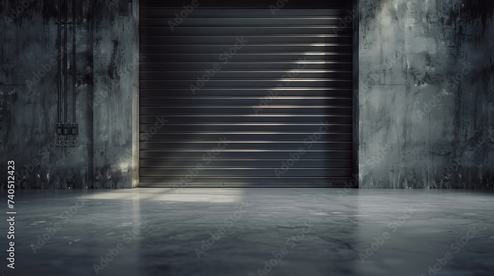 Roller door or roller shutter using for factory, warehouse or hangar. Industrial building interior consist of polished concrete floor and closed door for product display or industry ba : Generative AI Roller door or roller shutter using for factory, warehouse or hangar. Industrial building interior consist of polished concrete floor and closed door for product display or industry ba : Generative AI