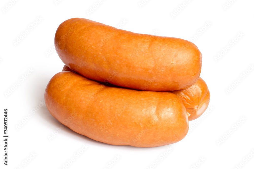 Thick sausages on white background. Three sausages close-up. Thick sausages on white background. Three sausages close-up.