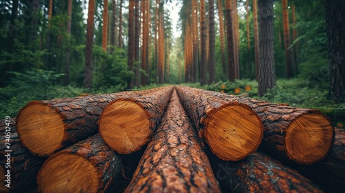 forest pine and spruce trees log trunks pile the logging timber wood industry wide banner or panorama wooden trunks © fajar