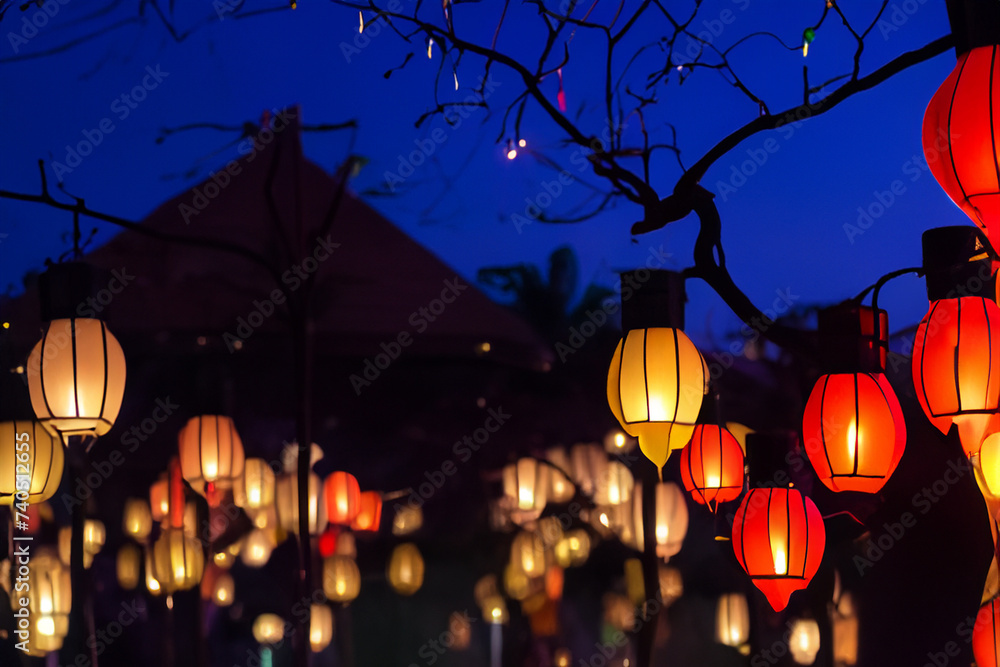 Chinese lanterns at night at a festival - obrazy, fototapety, plakaty 