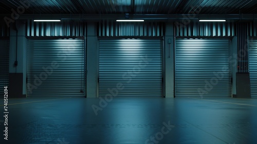 Roller door or roller shutter using for factory, warehouse or hangar. Industrial building interior consist of polished concrete floor and open door for product display or industry back : Generative AI
