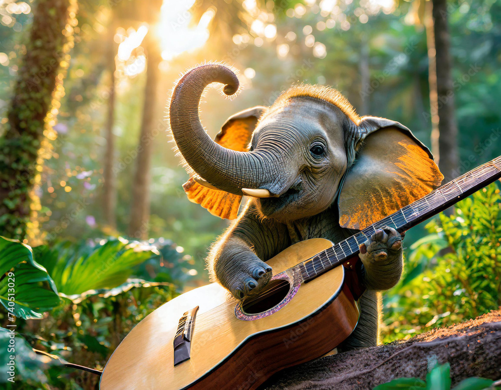Funny baby elephant singing and playing guitar in a sunshine forest Funny baby elephant singing and playing guitar in a sunshine forest