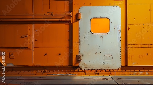 Submarine door bulkhead with white metal and nautical window on side of wall cement floors interior. Low lighting and orange color on cement exterior in industrial area of factory or m : Generative AI