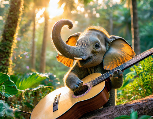 Funny baby elephant singing and playing guitar in a sunshine forest