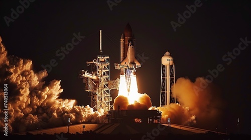 The launch of the space shuttle With fire and smoke Against the background of the starry sky Elements of this image were : Generative AI