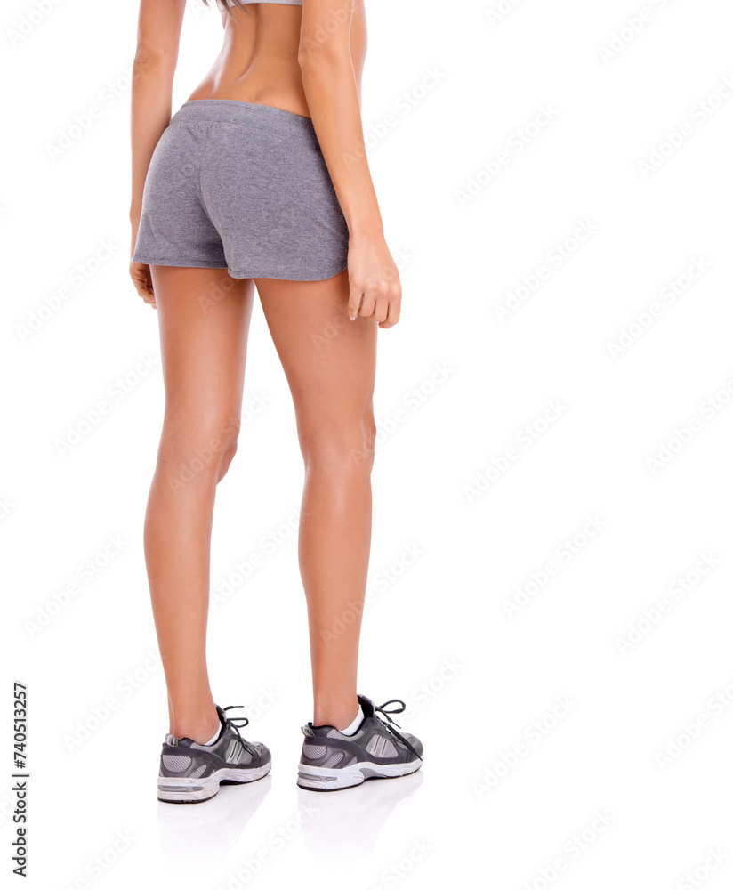 Woman, athlete and legs in studio with fitness for exercise, workout and healthy body with training shoes. Model, person and rear view with sportswear or mockup space for wellness on white background