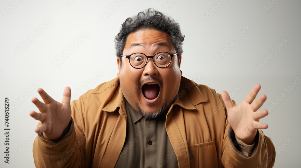 a young asian fat man in casual dress looking camera with excited look and humorous distortions on white background a young asian fat man in casual dress looking camera with excited look and humorous distortions on white background