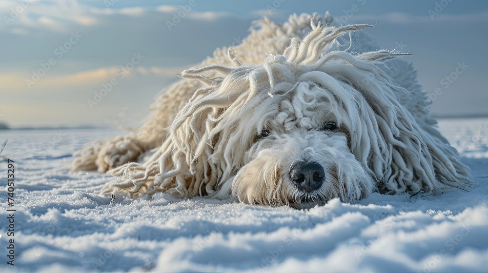 The Puli is a herding dog characterized by its long, corded coat, and it falls within the small to medium size range, white dog lies on the snow 