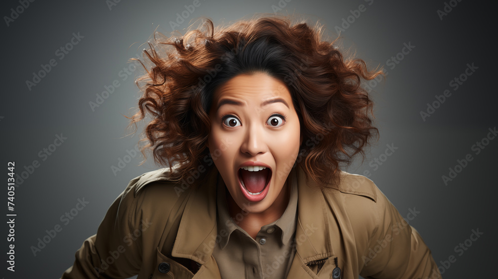 a young woman in casual dress looking camera with excited look and humorous distortions on white background a young woman in casual dress looking camera with excited look and humorous distortions on white background