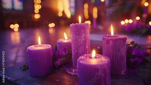 Purple candles on an Ash Wednesday altar, no people, tranquil and holy ambiance, soft glow from the candles illuminating the church's ancient architecture. generative ai