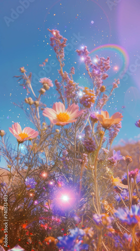 Bouquet of wild flowers infront of sky and stars art wallpaper. Light violet and light pink iridescence opalescence colors. Retro summer aesthetic.
