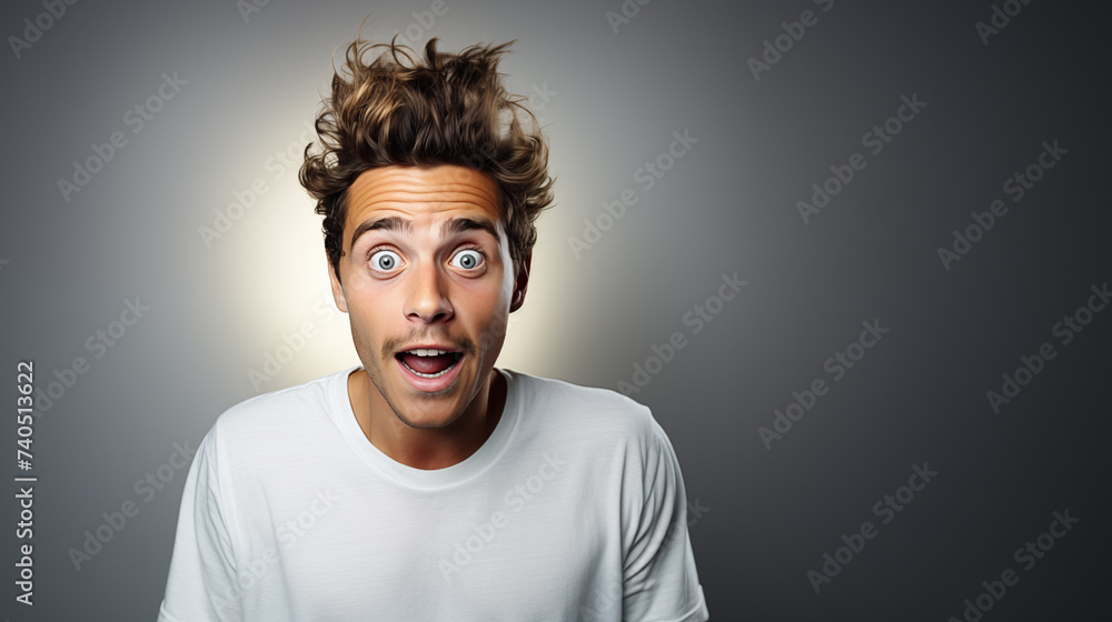 a young man in casual dress looking camera with excited look and humorous distortions on white background
