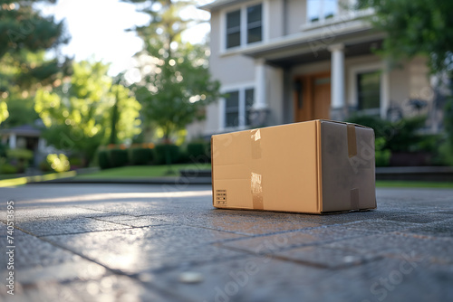 Cardboard box in front of residential home entrance at sunny day. photo