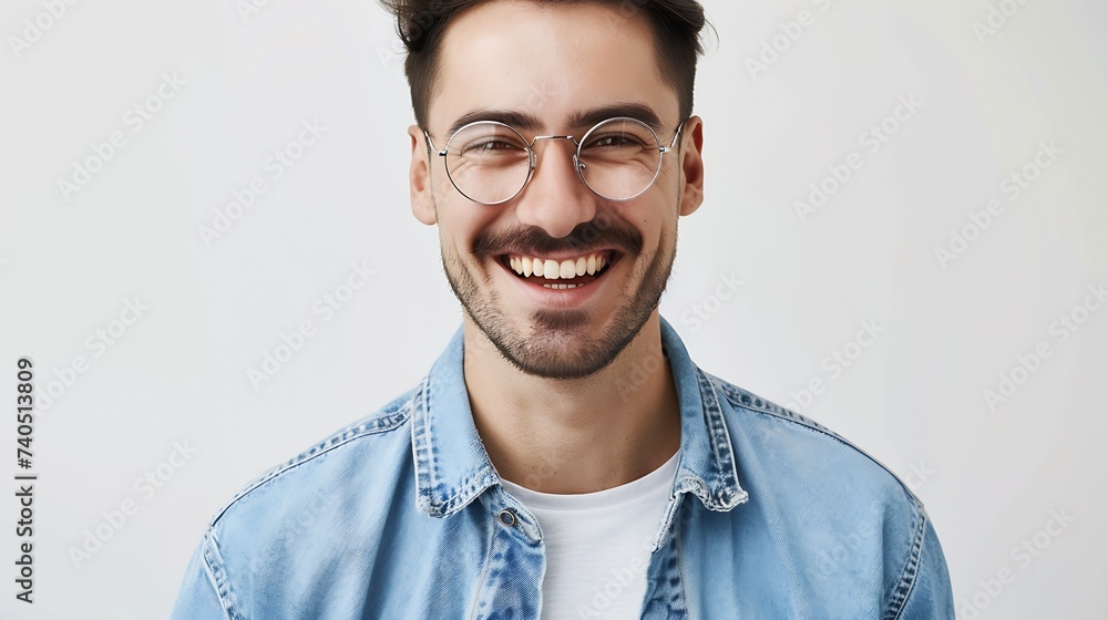 Waist up shot of handsome self confident cheerful male entrepreneur has broad smile wears round transparent glasses happy to meet with colleague dressed in fashionable denim shirt isol : Generative AI - obrazy, fototapety, plakaty 