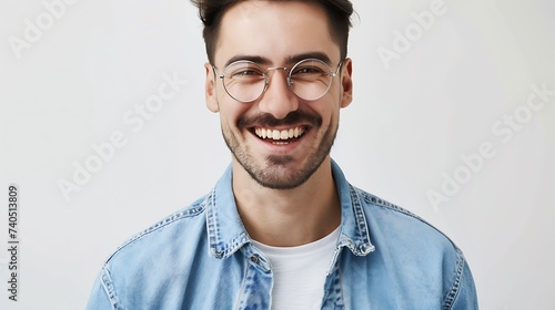 Waist up shot of handsome self confident cheerful male entrepreneur has broad smile wears round transparent glasses happy to meet with colleague dressed in fashionable denim shirt isol : Generative AI photo