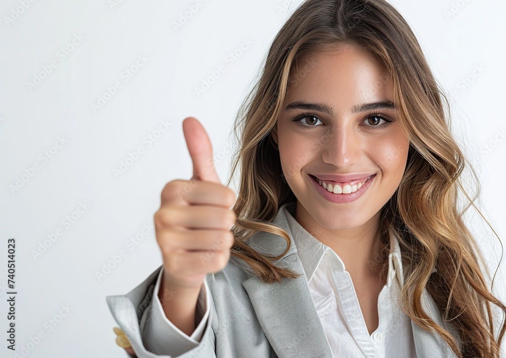 a businesswoman smiling and giving a thumbs-up gesture, isolated on a white background a businesswoman smiling and giving a thumbs-up gesture, isolated on a white background