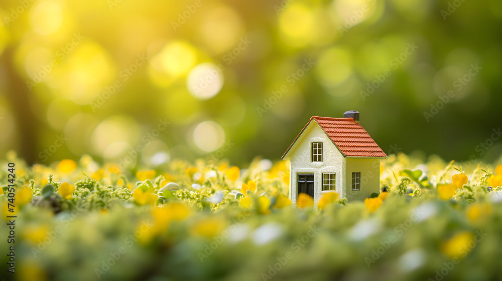 Tiny toy house on spring grass sprouts. Tiny toy house on spring grass sprouts.