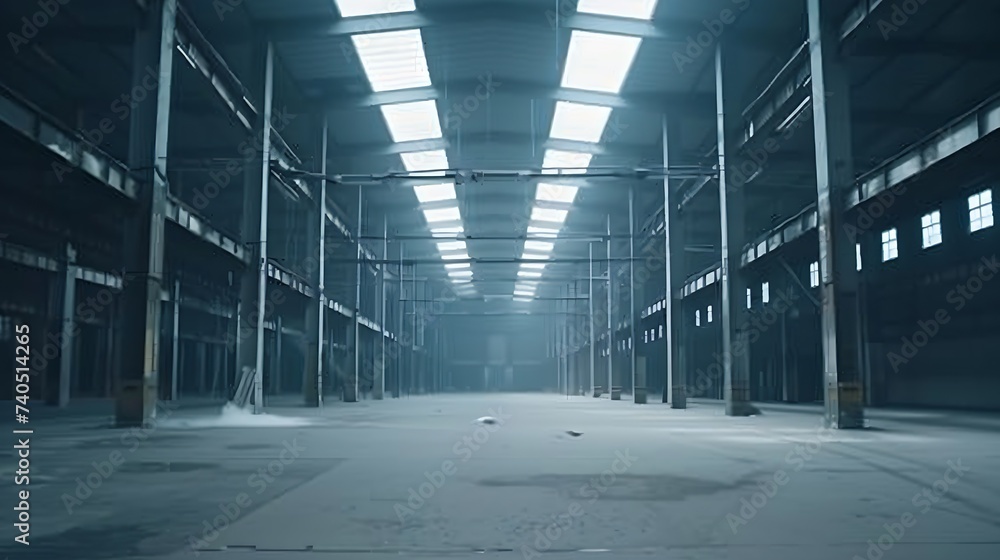 empty steel structure building, abandoned factory workshop or warehouse background : Generative AI empty steel structure building, abandoned factory workshop or warehouse background : Generative AI