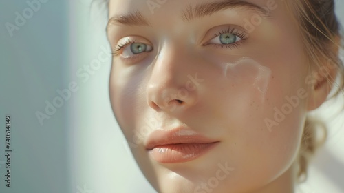 Beauty Woman face Portrait Beautiful Spa model Girl with Perfect Fresh Clean Skin Blonde female looking at camera and smiling Youth and Skin Care Concept Over beige background : Generative AI