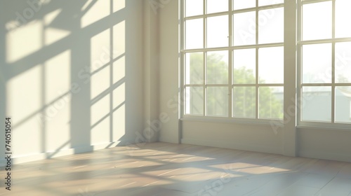 Empty room with big panoramic window : Generative AI © Generative AI