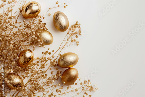 flat lay of Glossy golden painted eggs, floral golden branches on pastel background. space for text
