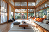 modern living room in Japanese style with sunlight and garden in the background