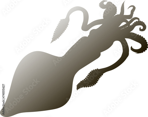 The squid is a ten-armed cephalopod with a cylindrical body and two triangular lateral fins. Silhouette black Gradient
