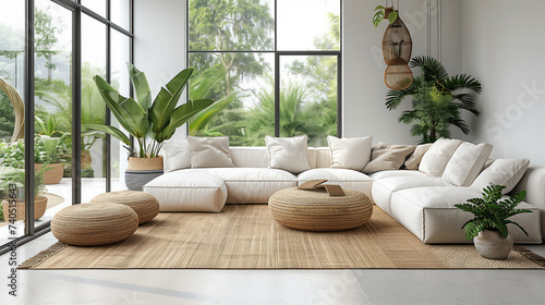 Modern living room with white color, plants and green environment © Utha Design
