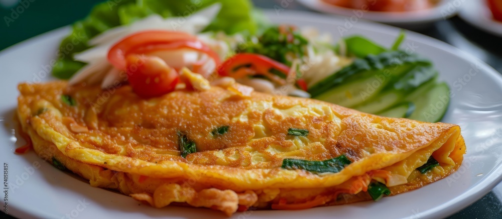 a white plate topped with an omelet and vegetables . High quality