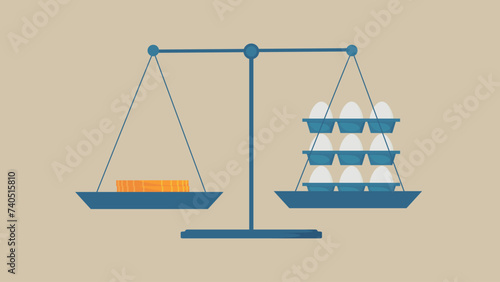 A lot of eggs and a few coins are on the balance.