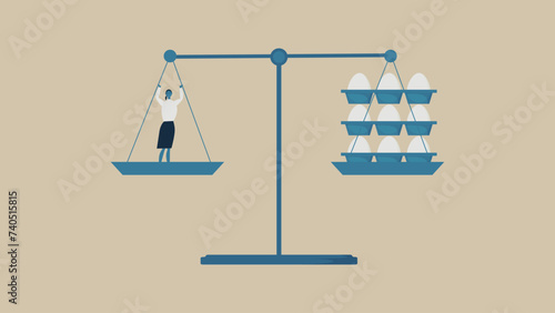 A lot of eggs and a woman are on the balance.