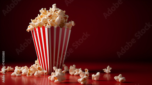Popcorn popping out of a red striped cardboard box on a dark red background with copy space.