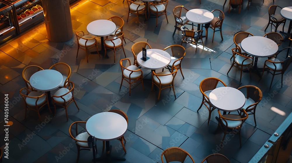 Empty round tables and chairs at a food court in a shopping mall. View from above. : Generative AI