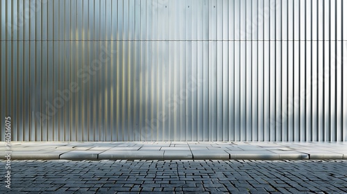 Exterior wall of warehouse made of aluminum sheet and paved road in outdoor area as background image. Texture of a wall made of silver corrugated metal sheet. : Generative AI