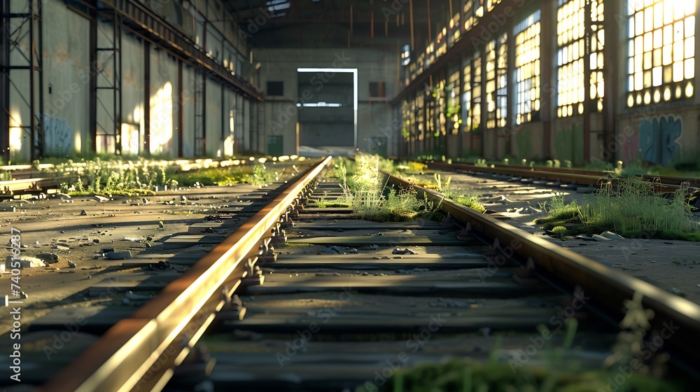 Naklejka premium The end of a railway line, work or train maintenance area, terminus, industrial area, with a little greenery and a lot of metal, empty, desert, abandoned : Generative AI