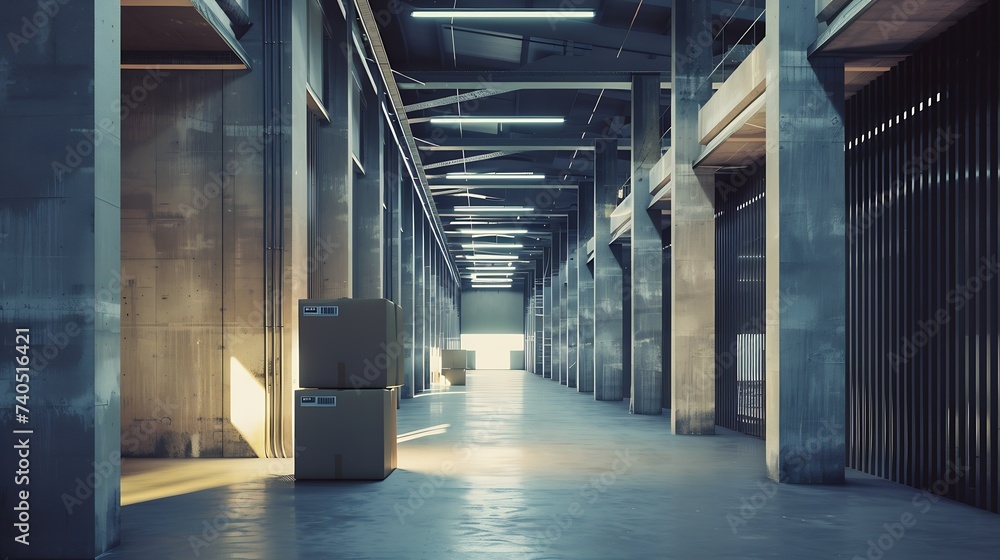 Warehouse or industry building interior. known as distribution center, retail warehouse. Part of storage and shipping system. Included box package on shelf, empty space and concrete fl : Generative AI - obrazy, fototapety, plakaty 
