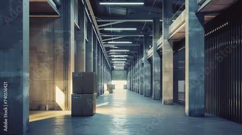 Warehouse or industry building interior. known as distribution center, retail warehouse. Part of storage and shipping system. Included box package on shelf, empty space and concrete fl : Generative AI