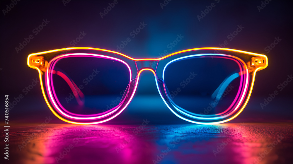 Neon colorful glowing party glasses isolated on black background, generative ai